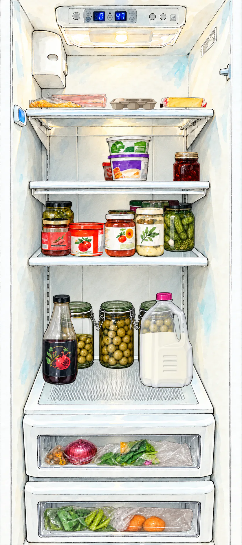 Friday: The orange juice is finished, milk is half full, and some pasta and more upper-drawer greens are used. Both drawers still contain vegetables and fruit.