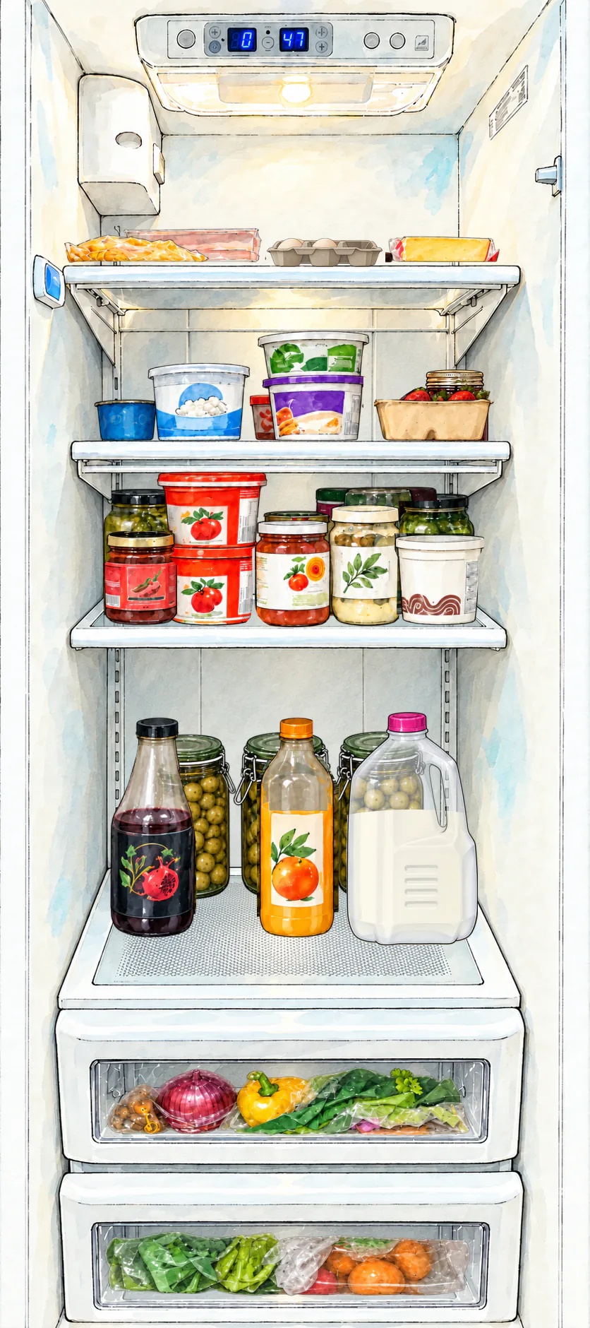 Monday: Breakfast uses two eggs, milk, juice and some strawberries; four eggs remain and a deli portion is finished. Containers shift slightly after use.