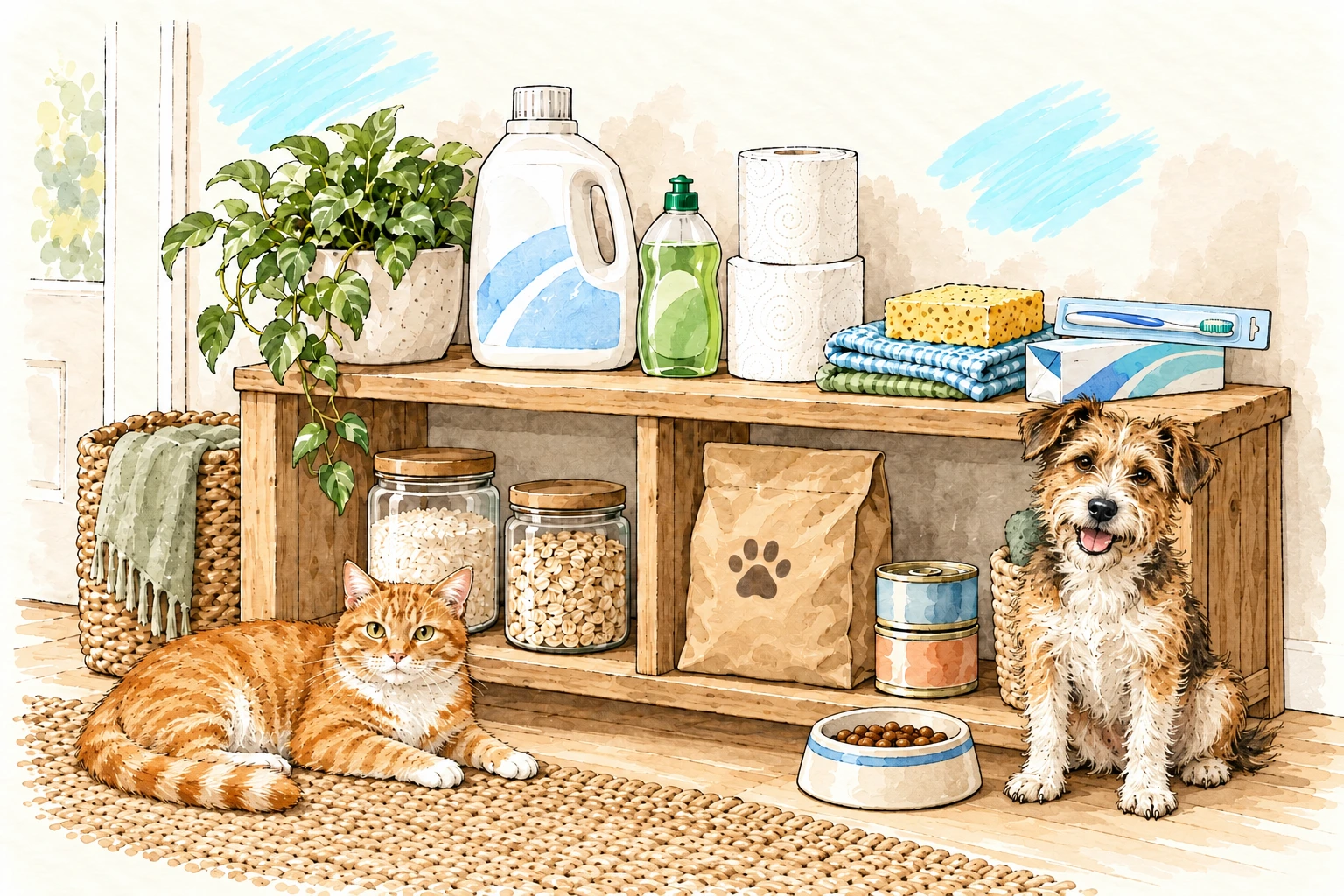 A modern household room in ink and watercolour, with cleaning supplies, packaged toiletries, pantry staples and pet supplies, beside the ginger cat lying on the rug and the seated terrier with their kibble bowl.