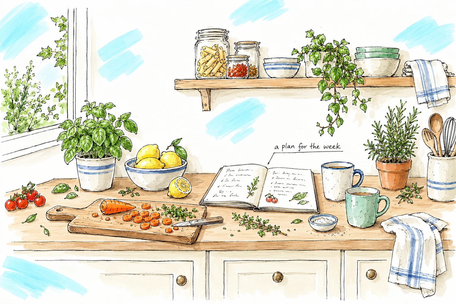 An ink and watercolour kitchen countertop with potted herbs, lemons, chopped carrots, two mugs, and an open notebook labelled a plan for the week.